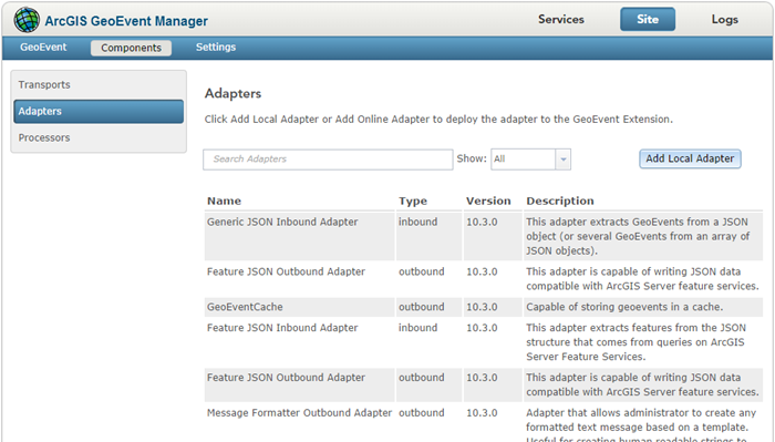 List of available adapters deployed with GeoEvent Server List of available adapters deployed with GeoEvent Server